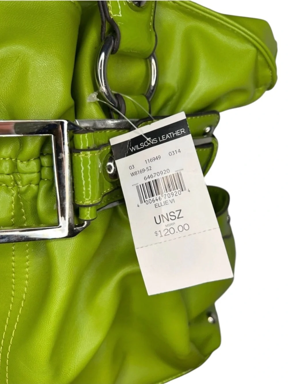Wilsons Leather NWT Rouched Green Large Buckle Tote Shoulder Bag Silver Hardware